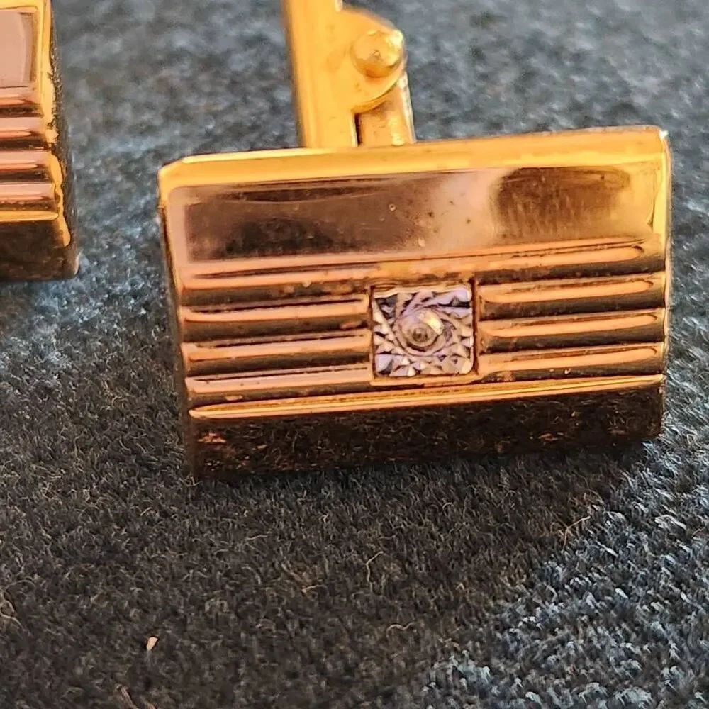 Golden diamond vintage cufflinks cuff links rectangular classy dressy formal